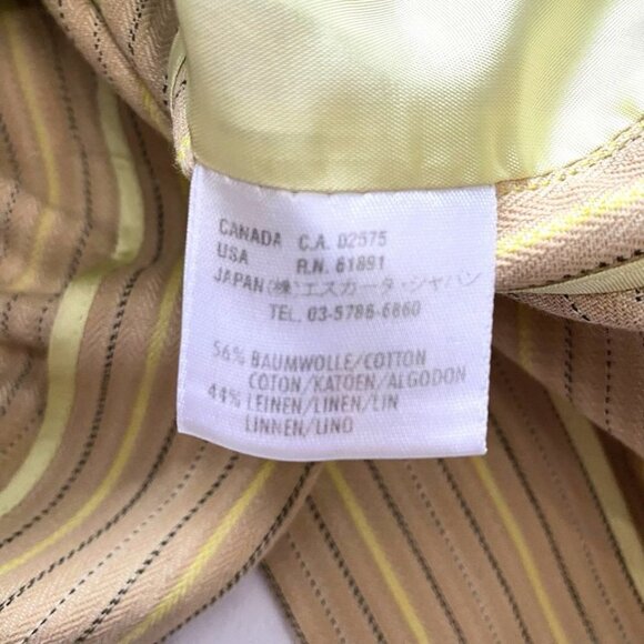 ESCADA LINEN BLEND BEIGE BLACK YELLOW STRIPED PEAK LAPEL MID-LENGTH BLAZER - 4 - Picture 12 of 12